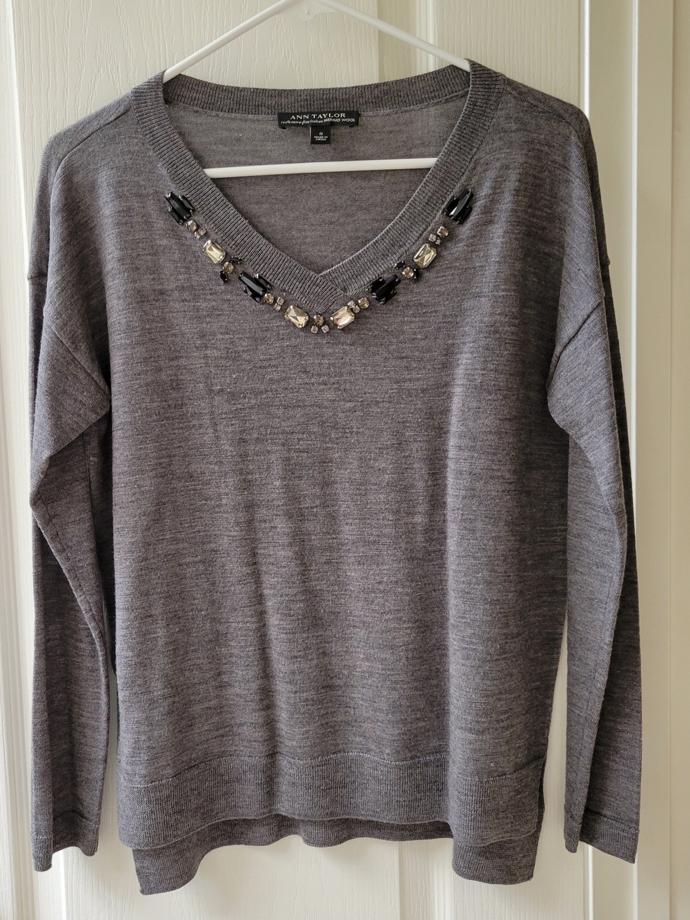 Ann Taylor Heather Gray V-Neck Sweater with Jewel Trim